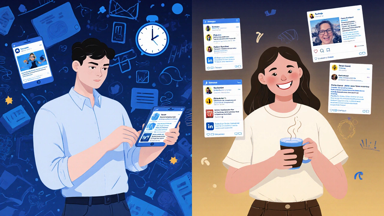 Dvě části obrázku: vlevo vyčerpaný správce ručně píše příspěvky, vpravo klidně využívá ChatGPT pro generování obsahu.