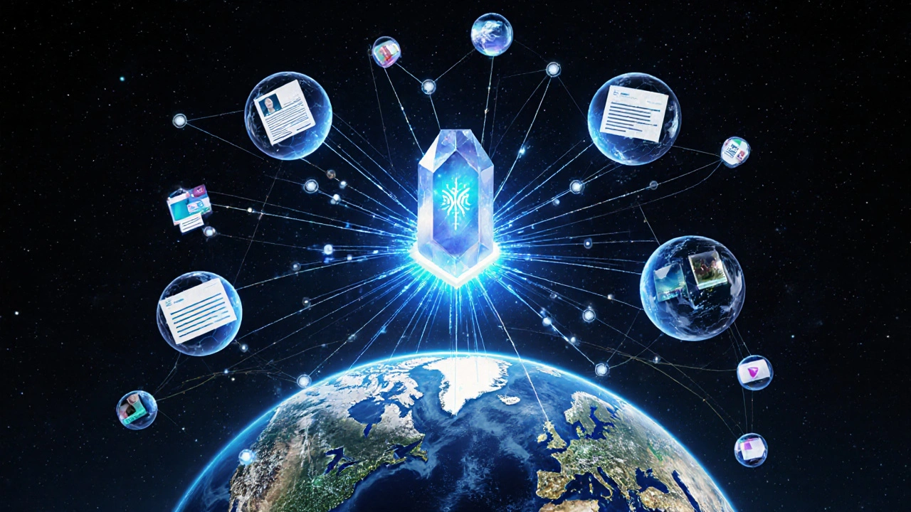 Futuristické AI jádro spojuje globální texty, videa a obrázky v temném vesmíru.