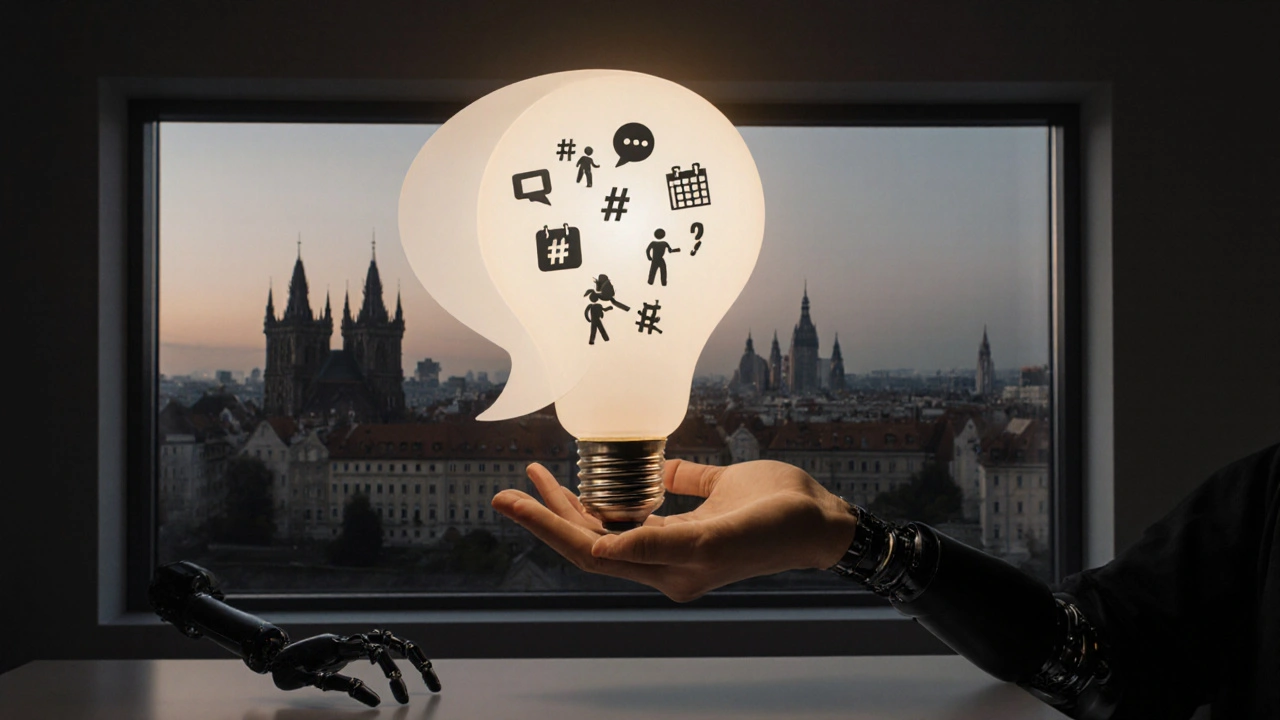 Lidská ruka drží žárovku ve tvaru speech bublu, uvnitř jsou prvky obsahu, za ní se zastavuje robotická ruka.