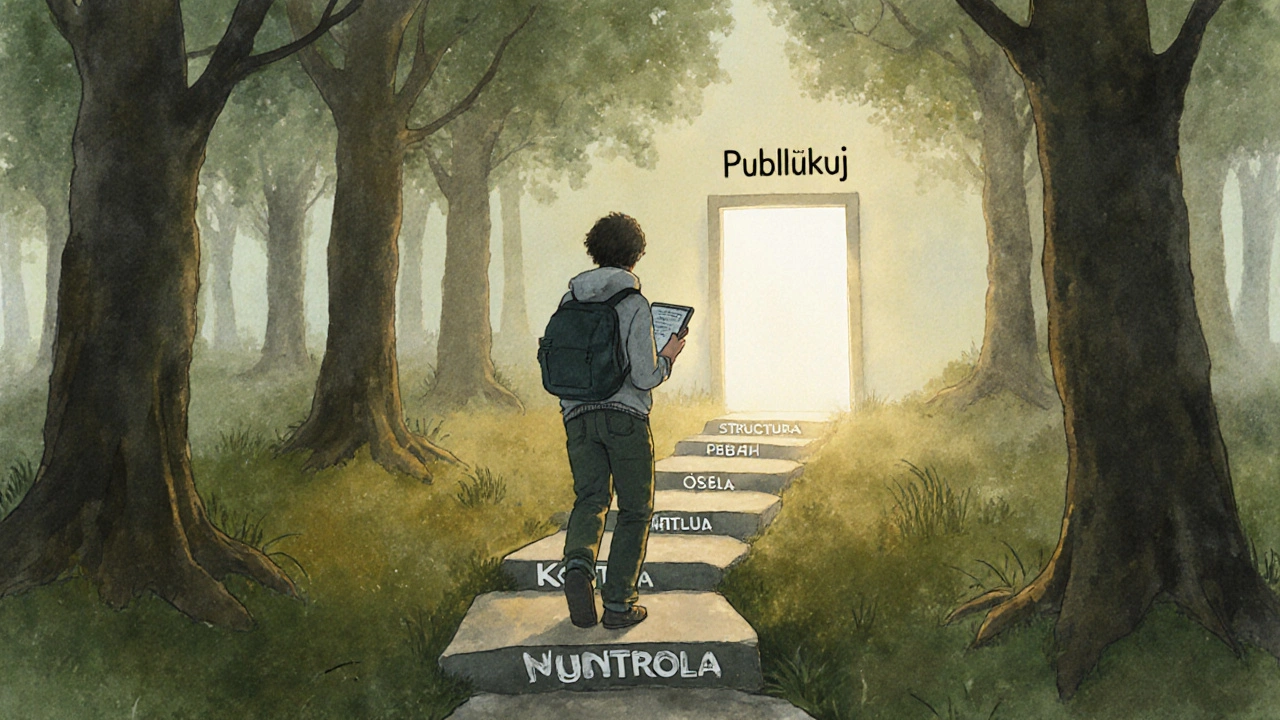 Cesta k autentickému obsahu s kameny označenými klíčovými kroky v lese pod světlem.