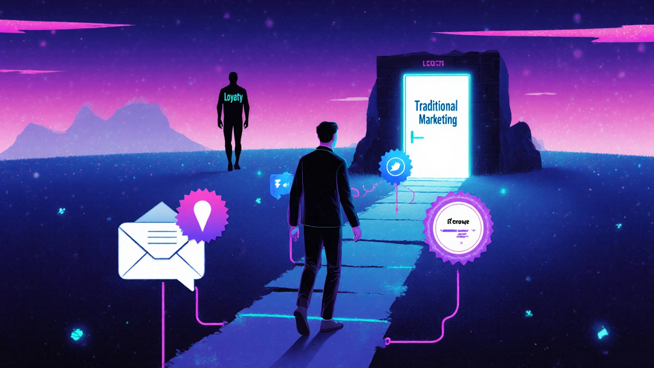 Cesta k věrnosti zákazníka vedoucí skrze digitální body kontaktu k zářícímu vchodu.