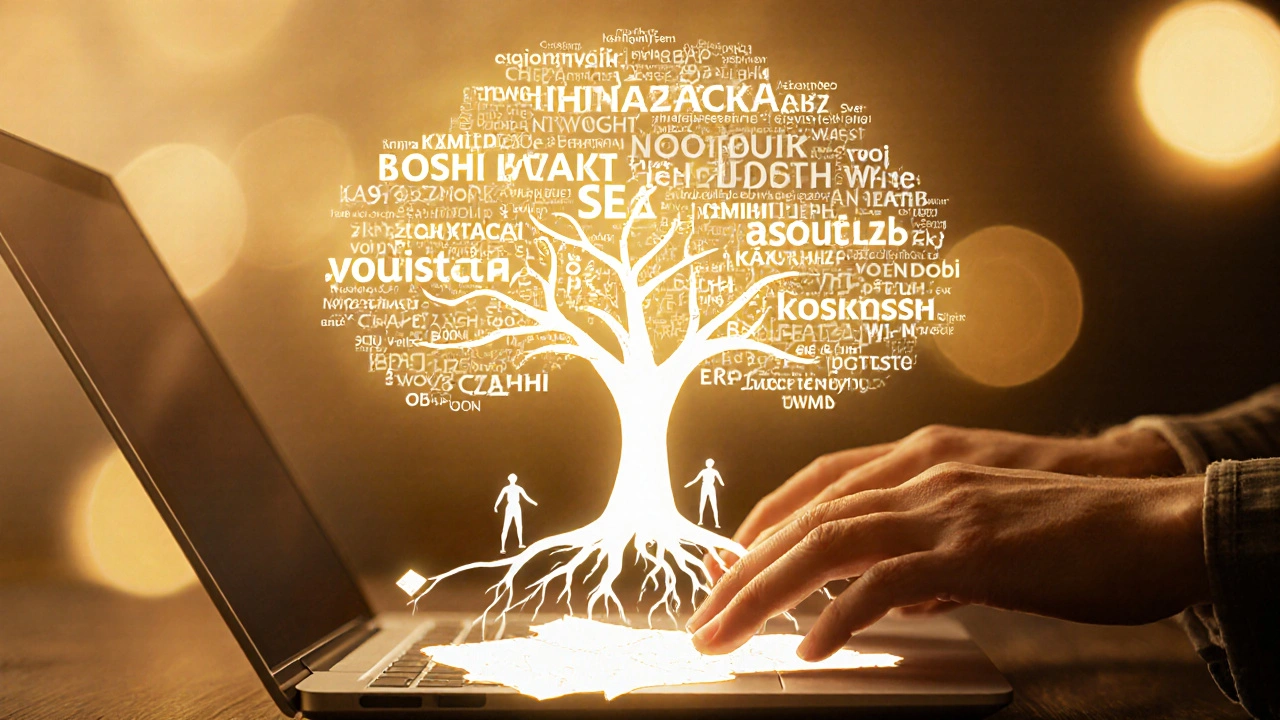 Digitální strom s klíčovými slovy SEO roste z laptopu a kořeny se táhnou po mapě Česka.