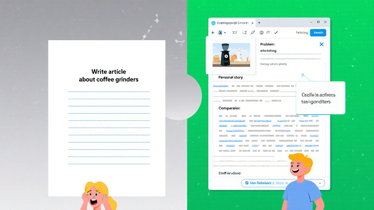 Dvě části obrazu: frustrovaný autor a ten samý autor s vygenerovaným affiliate článkem.