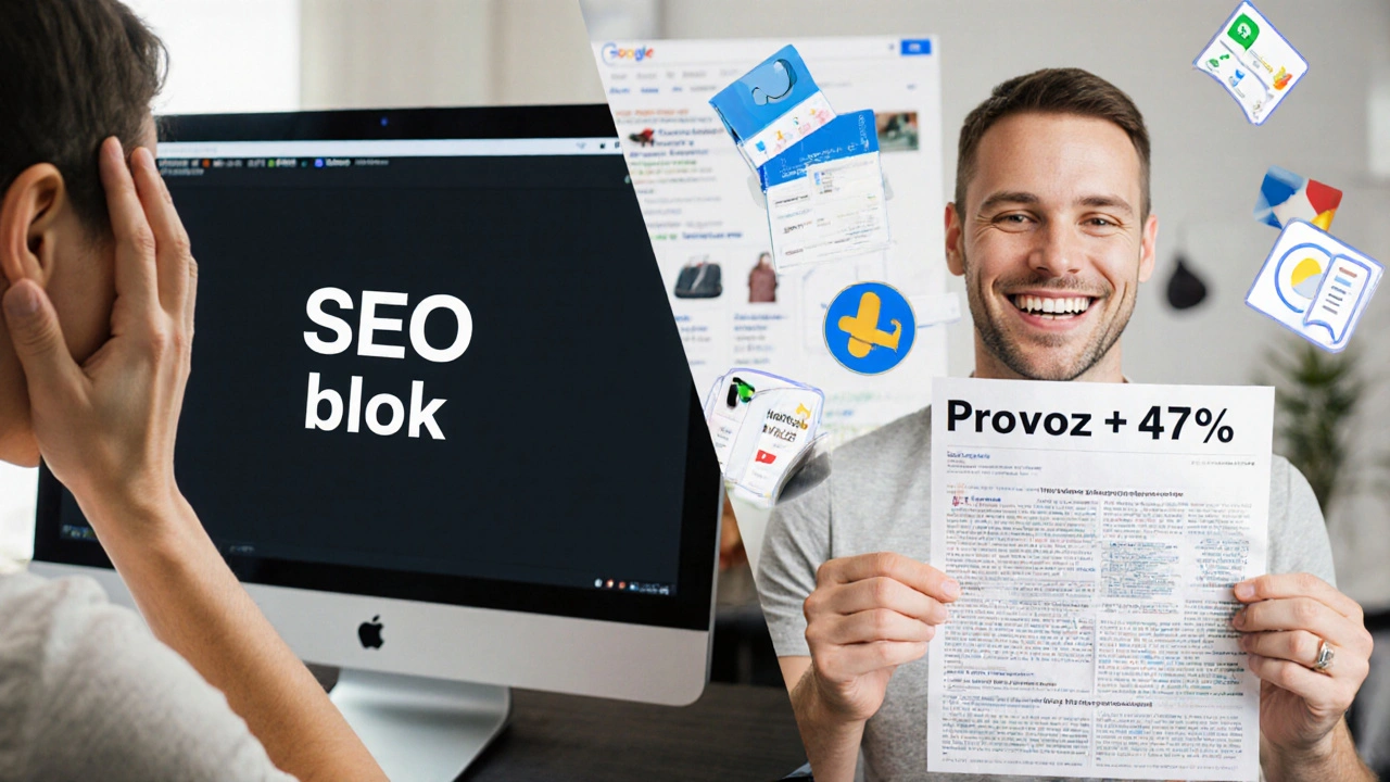 Dvě strany stejné osoby: jedna zklamaná, druhá s úspěšným SEO článkem a ChatGPT nápovědami.