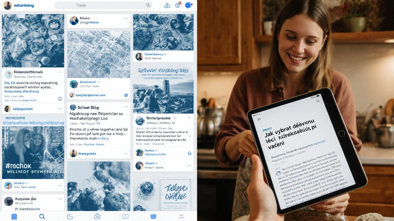 Kontrast mezi chaosem sociálních sítí a jednoduchým, užitečným článkem v kuchyni.