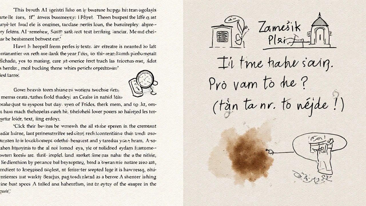Kontrast mezi suchým AI textem a lidsky upraveným obsahem s vlastními poznámkami a chybami.