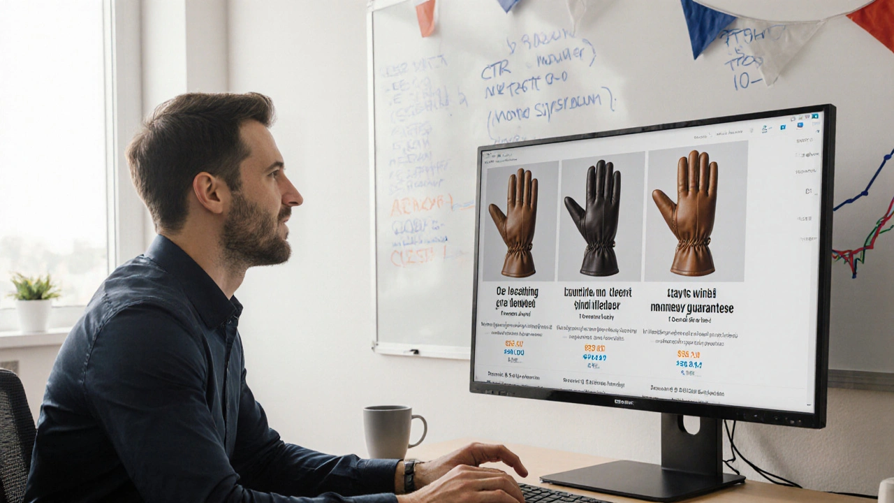 Marketingový pracovník sleduje výsledky testů reklam na obrazovce s variantami rukavic v moderním kancelářském prostředí.