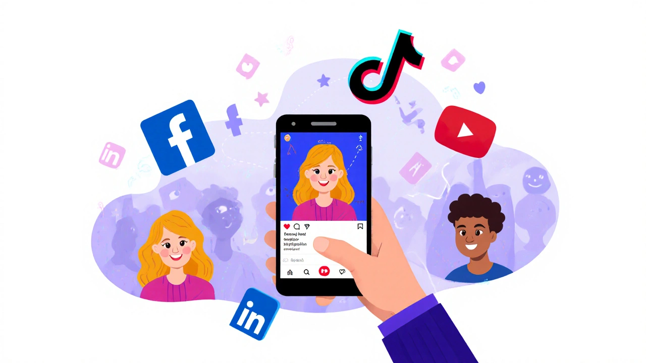 Osoba přidává příspěvek na Instagramu, ostatní sociální sítě jsou rozostřené.