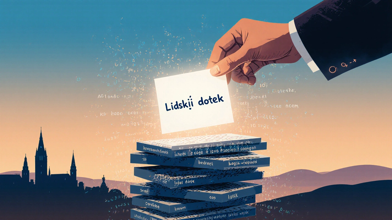 Ruka přidává lidský dotek k AI generovaným textům, symbolizující spolupráci člověka a umělé inteligence.