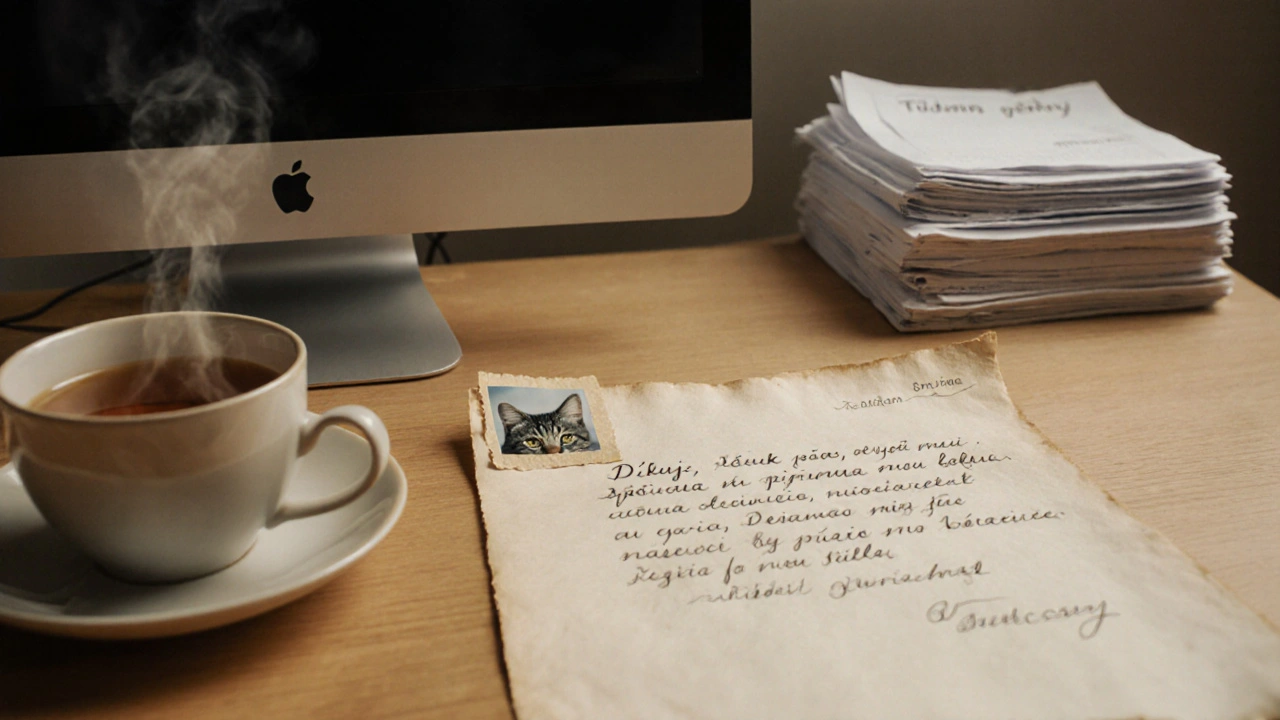 Rukou psaný dopis s poděkováním za přívěsek, ležící na dřevěné stole s šálkem čaje.