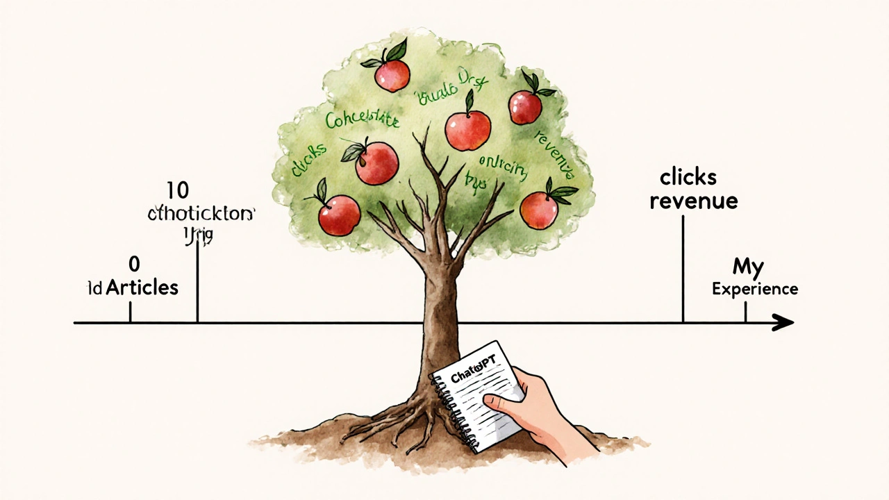 Strom s kořeny a ovocem symbolizující růst affiliate webu díky ChatGPT a osobním zkušenostem.