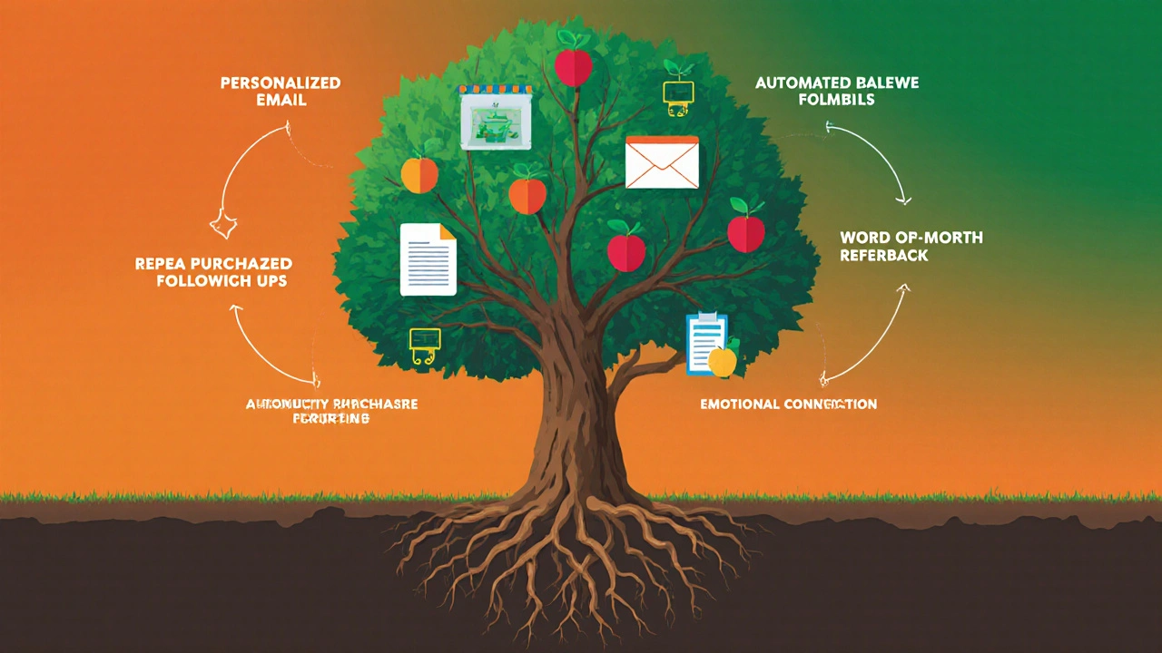 Strom s kořeny a ovocem symbolizující udržení zákazníků skrze personalizaci a komunitu.