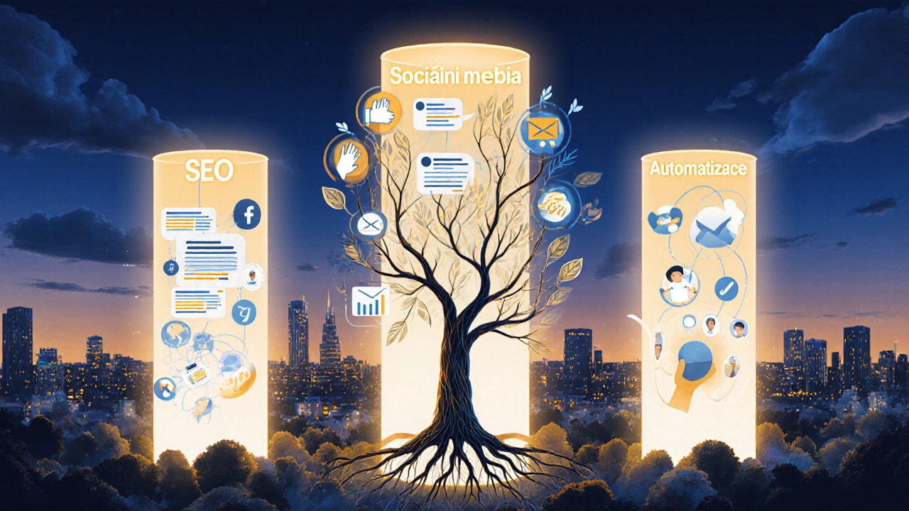 Tři sloupy symbolizující SEO, sociální média a automatizaci růstou z města jako živý strom.