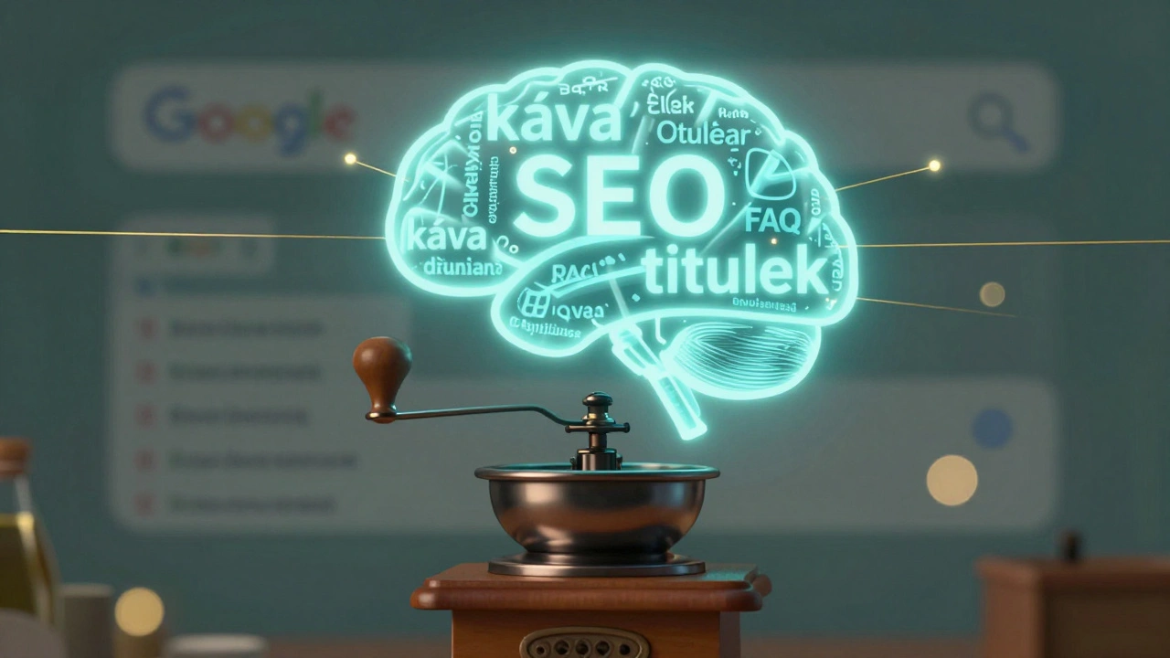 Digitální mozek složený z českých SEO slov spojený s tradičním kávovým mlýnkem a výsledky vyhledávání.