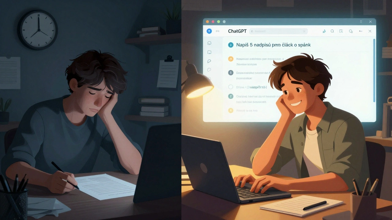 Dvě strany jedné scény: unavený spisovatel vs. spokojený spisovatel s ChatGPT – symbolický kontrast práce s AI.