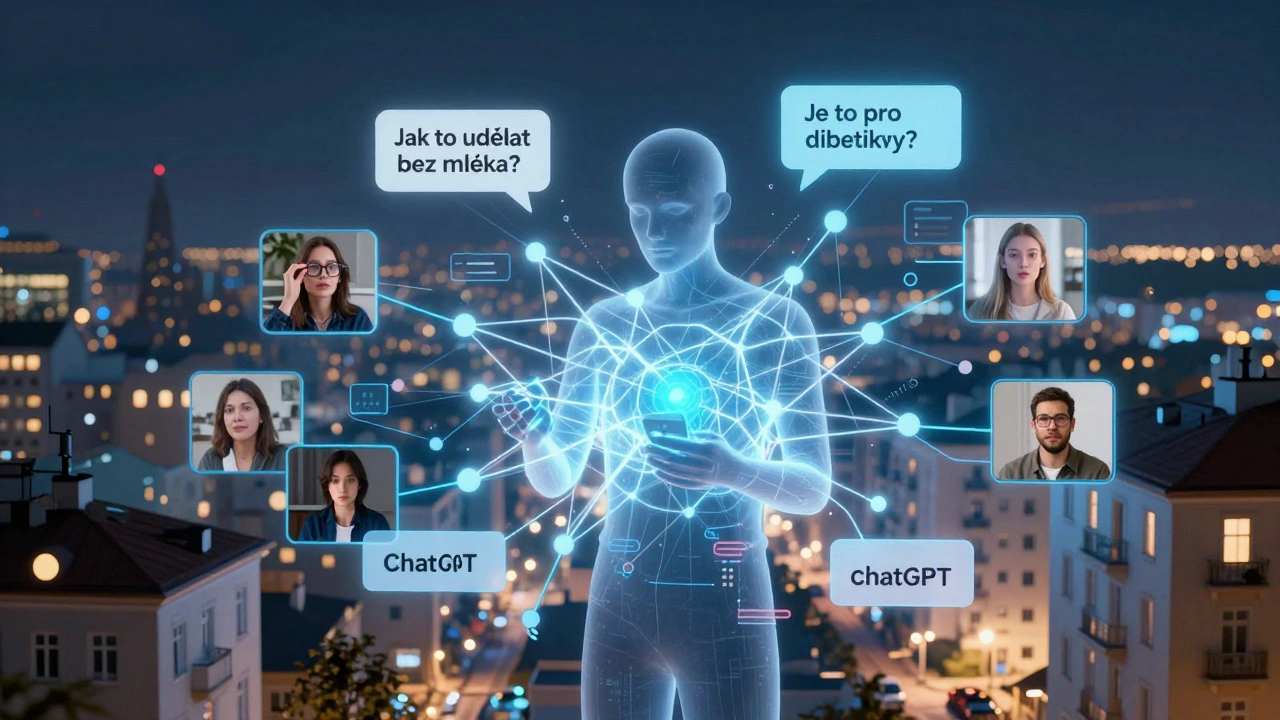 Glowing network of TikTok videos in Czech homes, with ChatGPT analyzing viewer questions in real time.