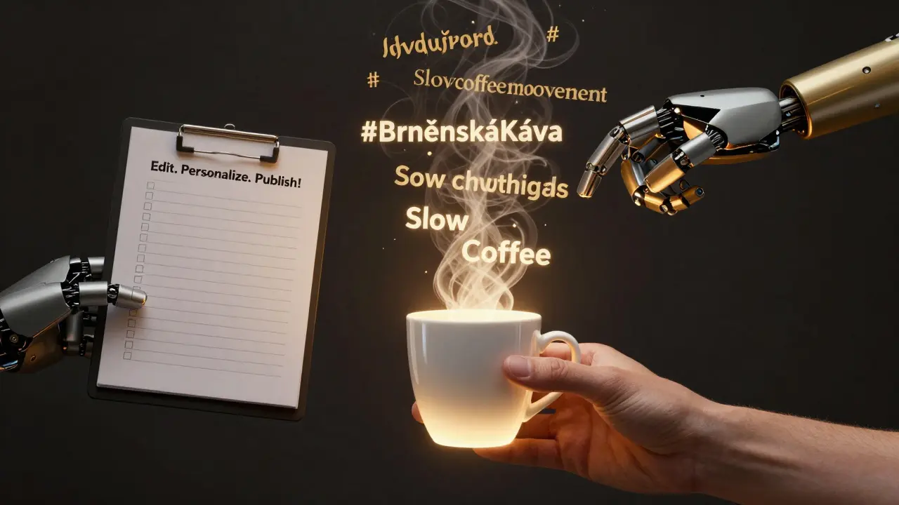 Lidská ruka drží šálek kávy, z něj vystupují hashtagové texty, za ní robotická ruka podává kontrolní seznam.