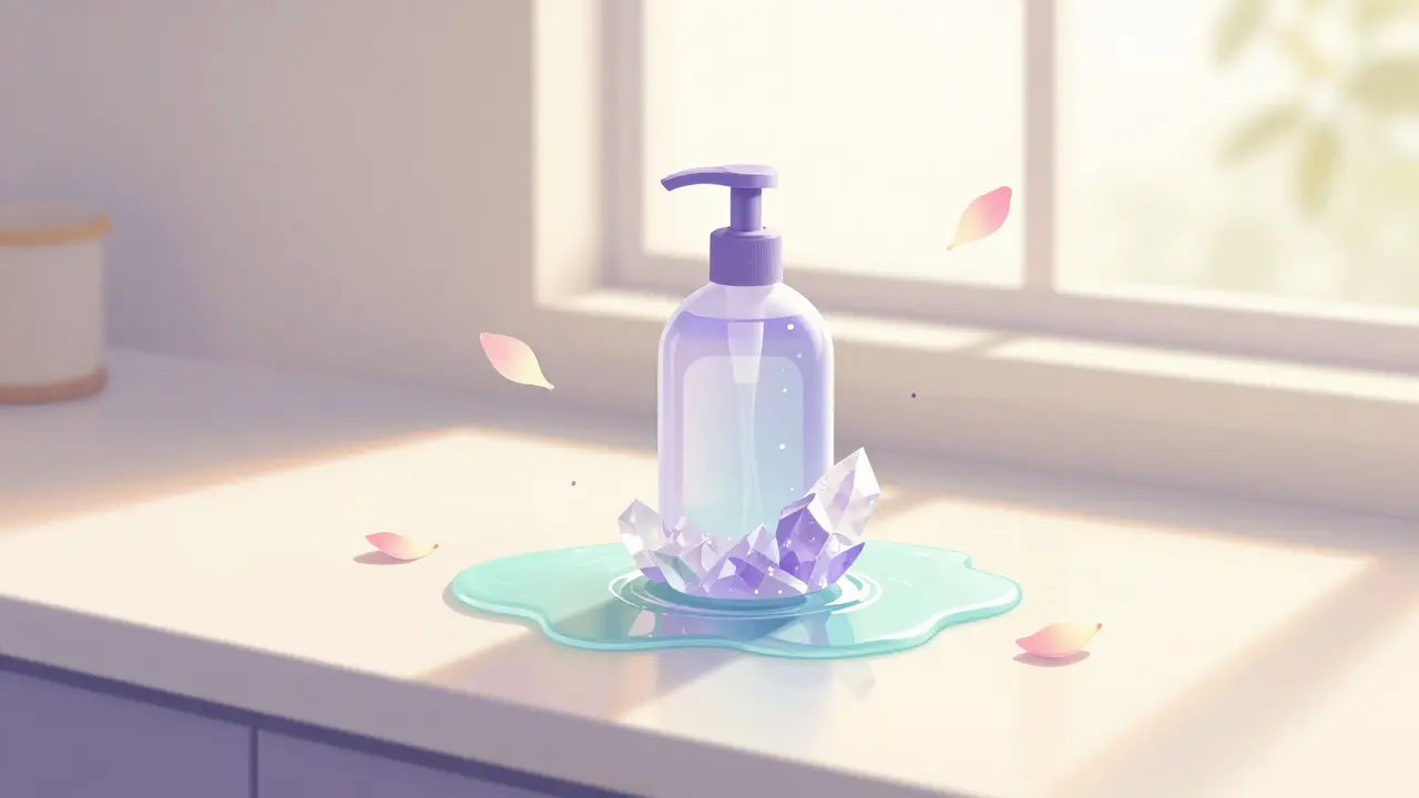 Minimální vizuál čistícího prostředku, který se rozpouští ve vodě s květinami v pastelových barvách.