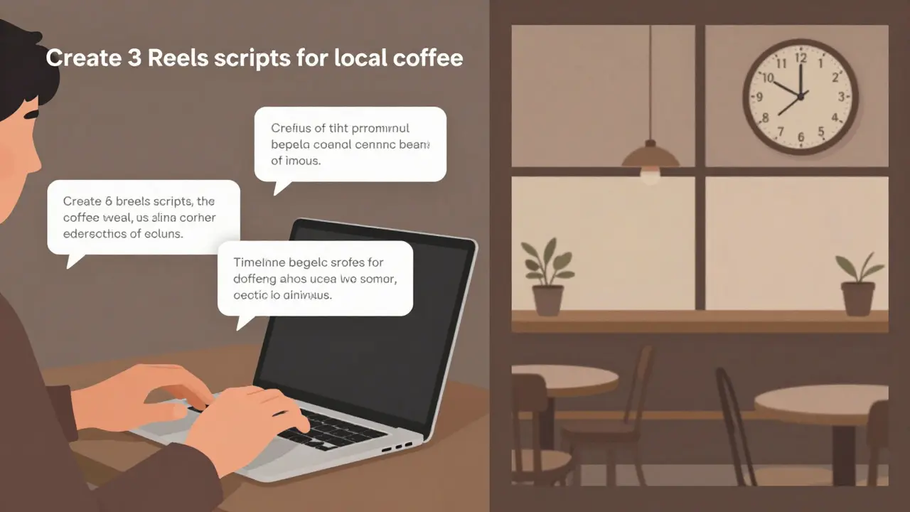 Rozdělený obrázek: na levé straně člověk zadává dotaz do ChatGPT, na pravé straně vizuální scény pro Reels s kávou.