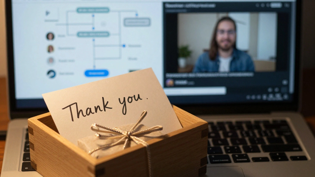 Ručně napsaná děkujeme poznámka a dárek vedle laptopu s video testimoniem zákazníka.