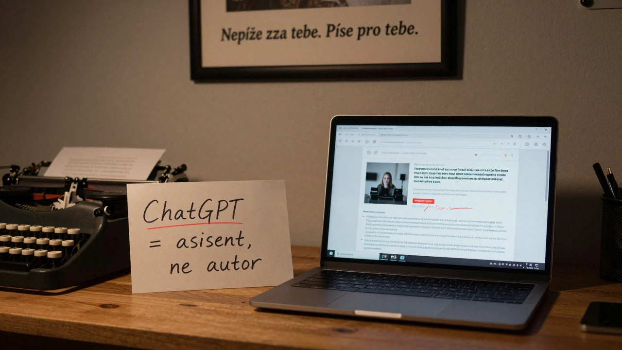 Ručně upravovaný AI popis produktu na stole s nápisem &#039;ChatGPT = asistent, ne autor&#039; v českém prostředí.