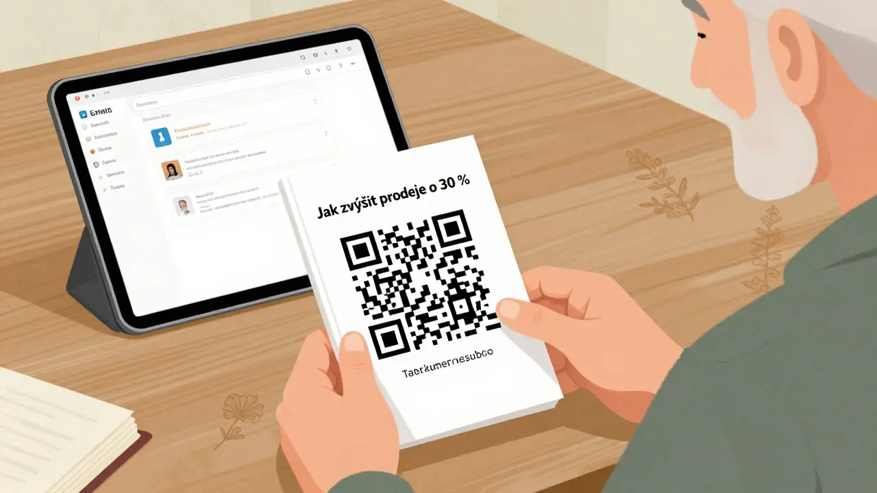 Ruka drží QR kód vedle tabletu s e-mailem, starý zákazník se usmívá při čtení zdarma návodu.