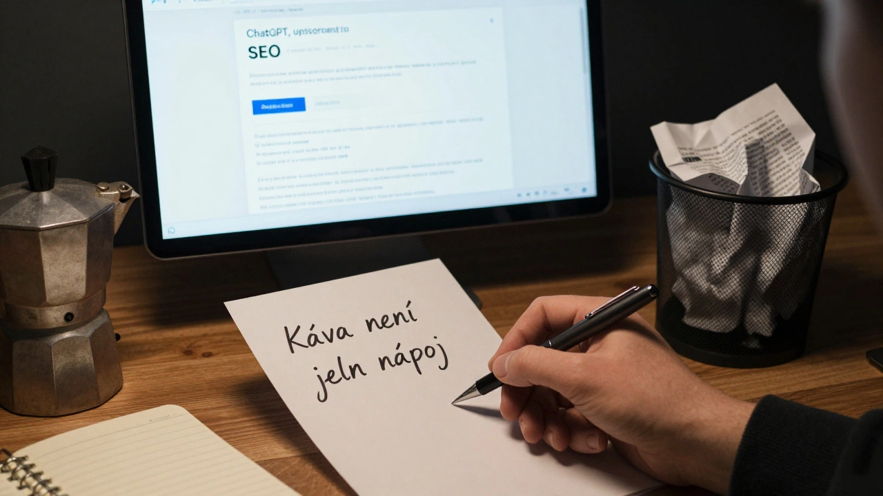 Ruka píše osobní poznámku vedle obrazovky s ChatGPT obsahem, špatný text v koši, káva na stole.
