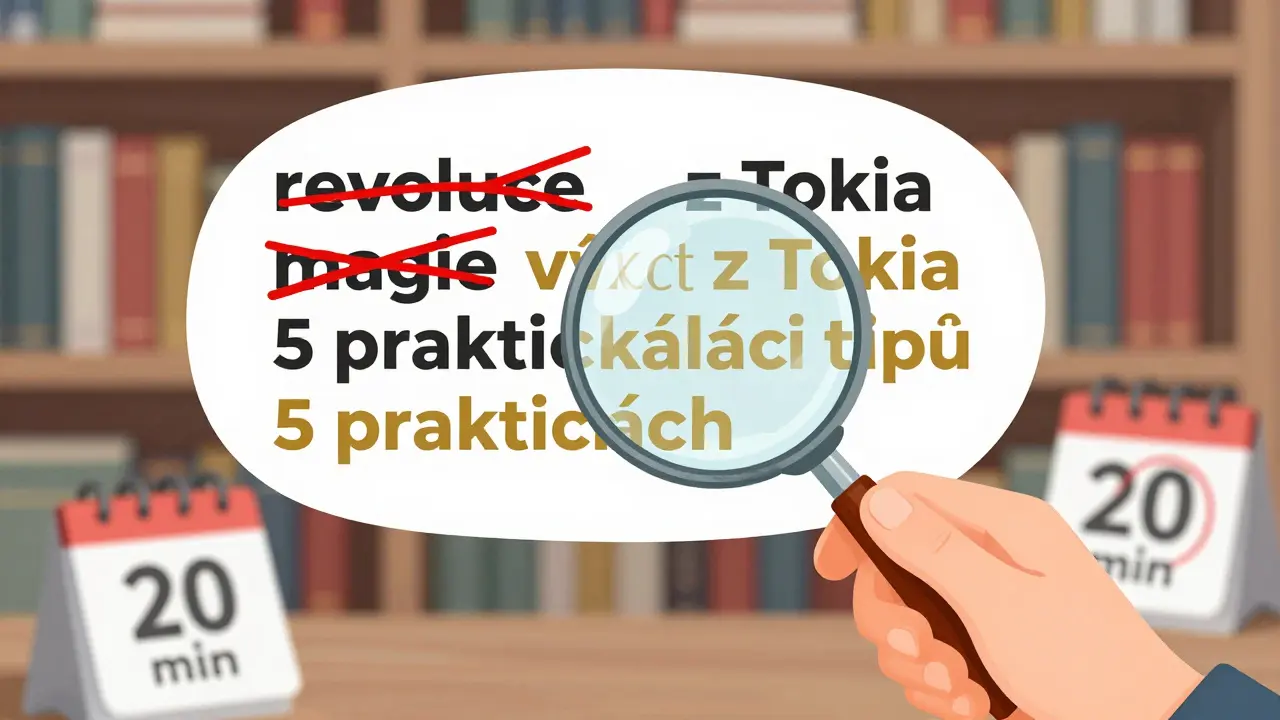 Rukou přepisuje AI text, špatná slova jsou přeškrtnutá, správné svítí zlatou barvou.
