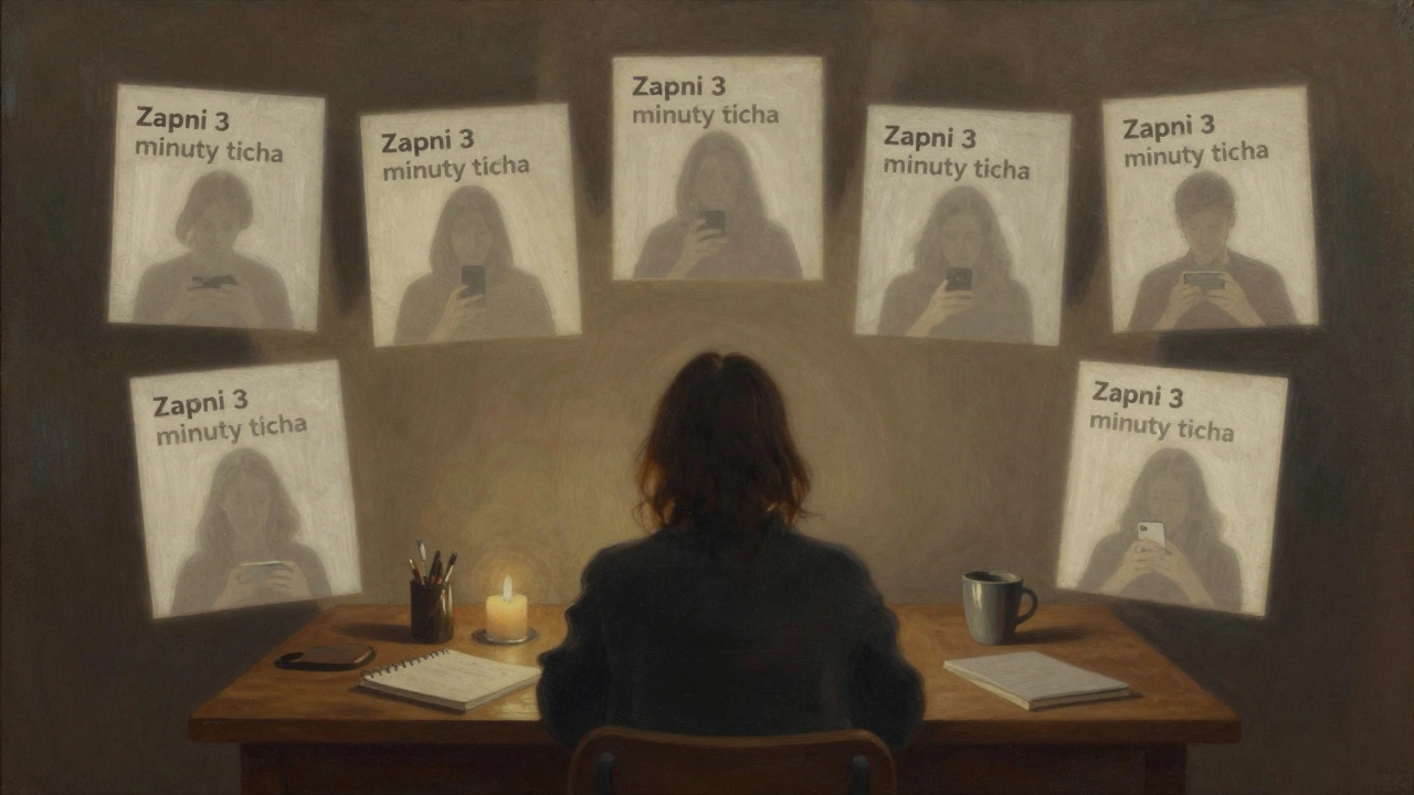 Sedm denních témat série o uvolnění stresu, vyznačených jako floating panely v klidném prostředí.