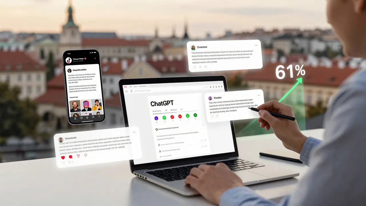 Správce sociálních médií upravuje AI-generated obsah, zatímco kolem něj plavou digitální prvky.