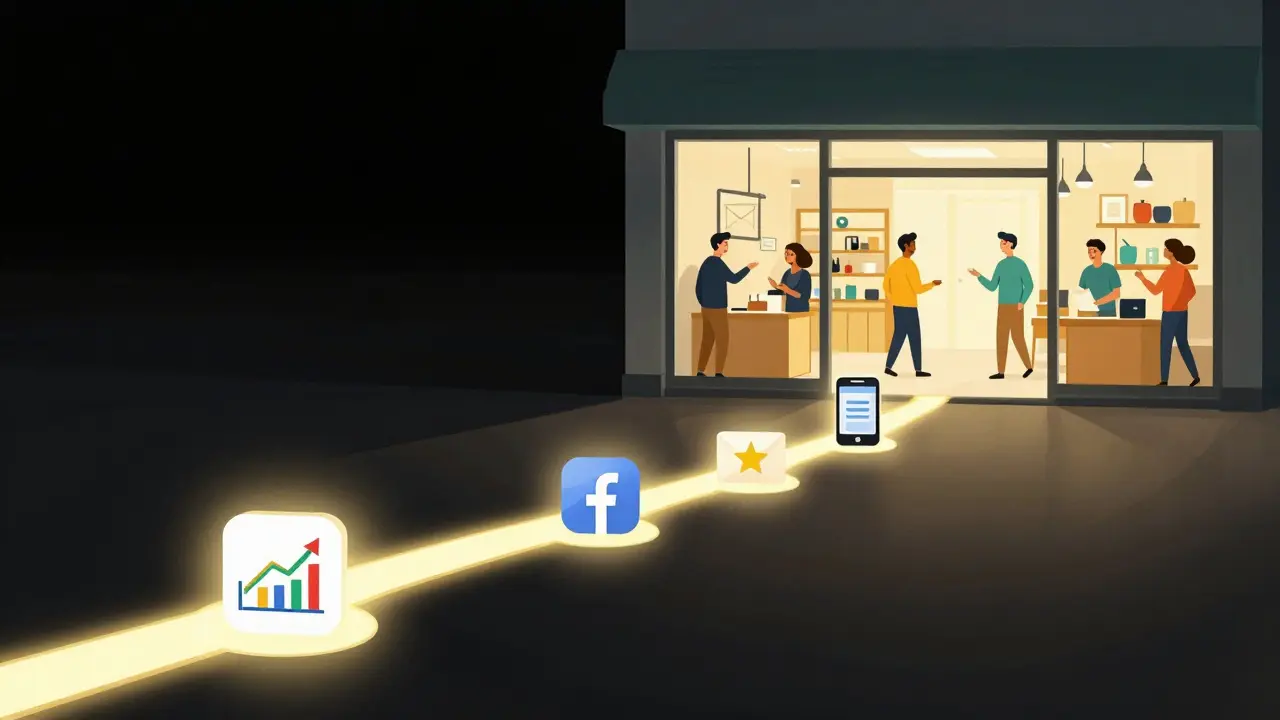 Světlá cesta z temného obchodu k živému obchodnímu prostoru, propojená ikonami digitálního marketingu.