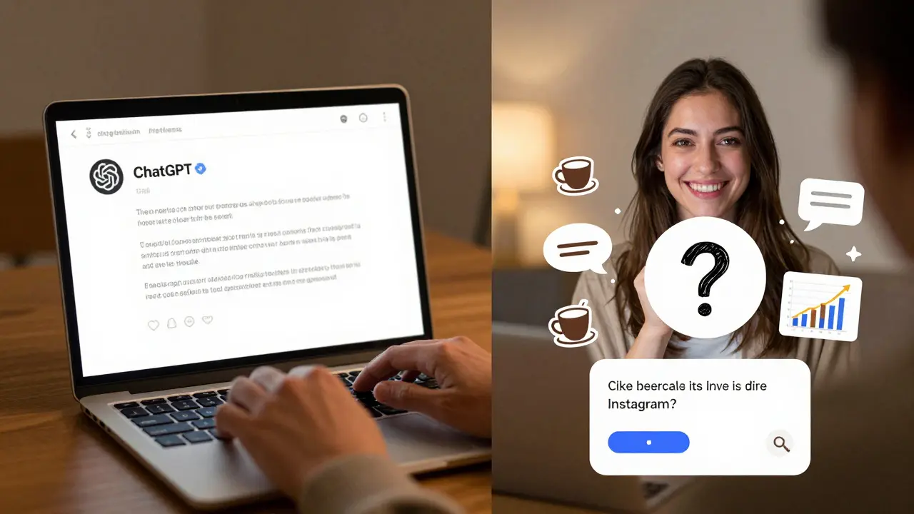 Člověk používá ChatGPT k tvorbě Instagram příspěvků, na jedné straně klávesnice, na druhé příběh s otázkou pro zákazníky.