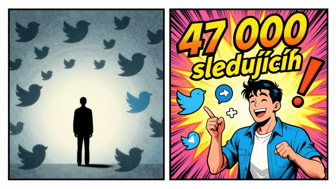 Komediový před a po: jednoduché tweety vs. virální příspěvky s 47 000 sledujícími.