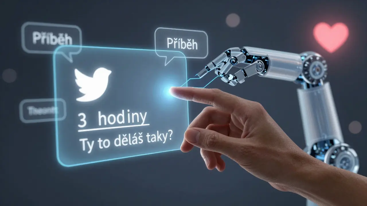 Lidská ruka vede robotickou ruku, která píše tweet s klíčovými slovy a srdcem v pozadí.