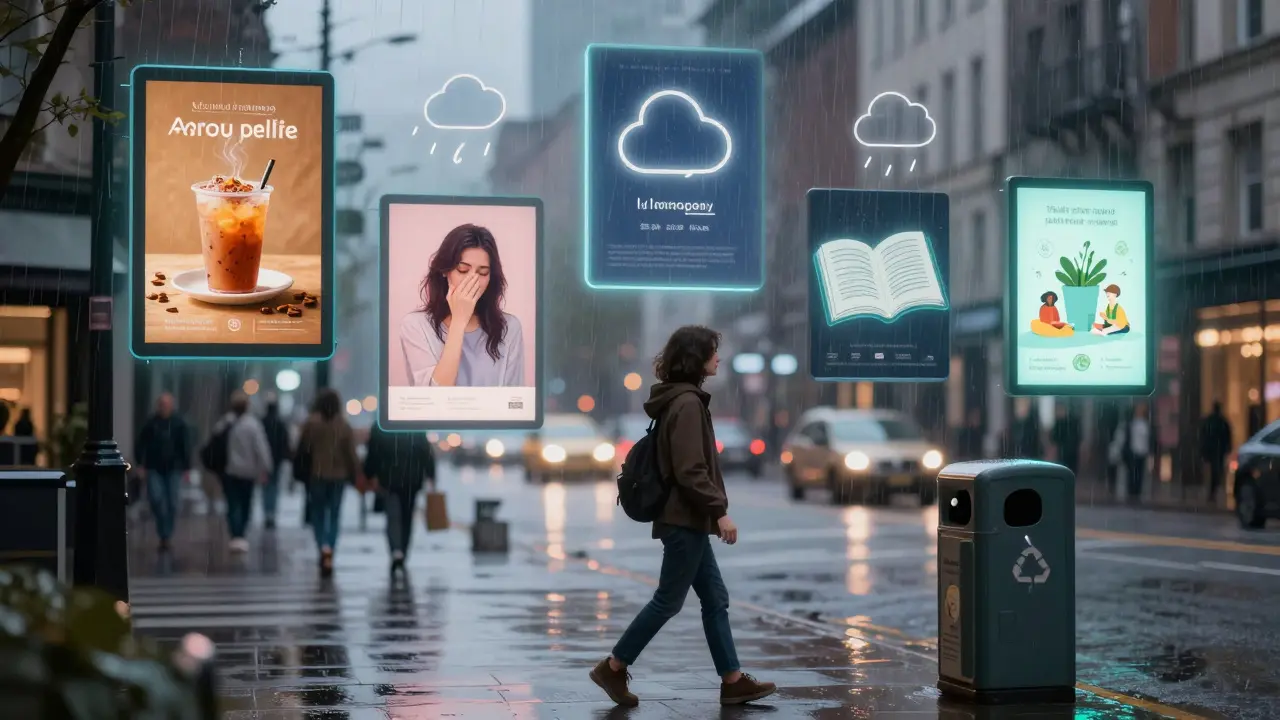 Person walking through city as personalized ads appear above them based on context.