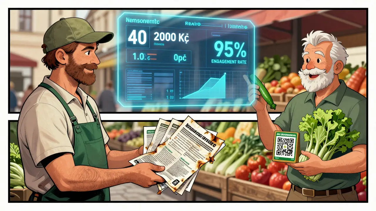 Prodejce zeleniny s letáky a holografickým panelem s daty o zákaznících v Brně.