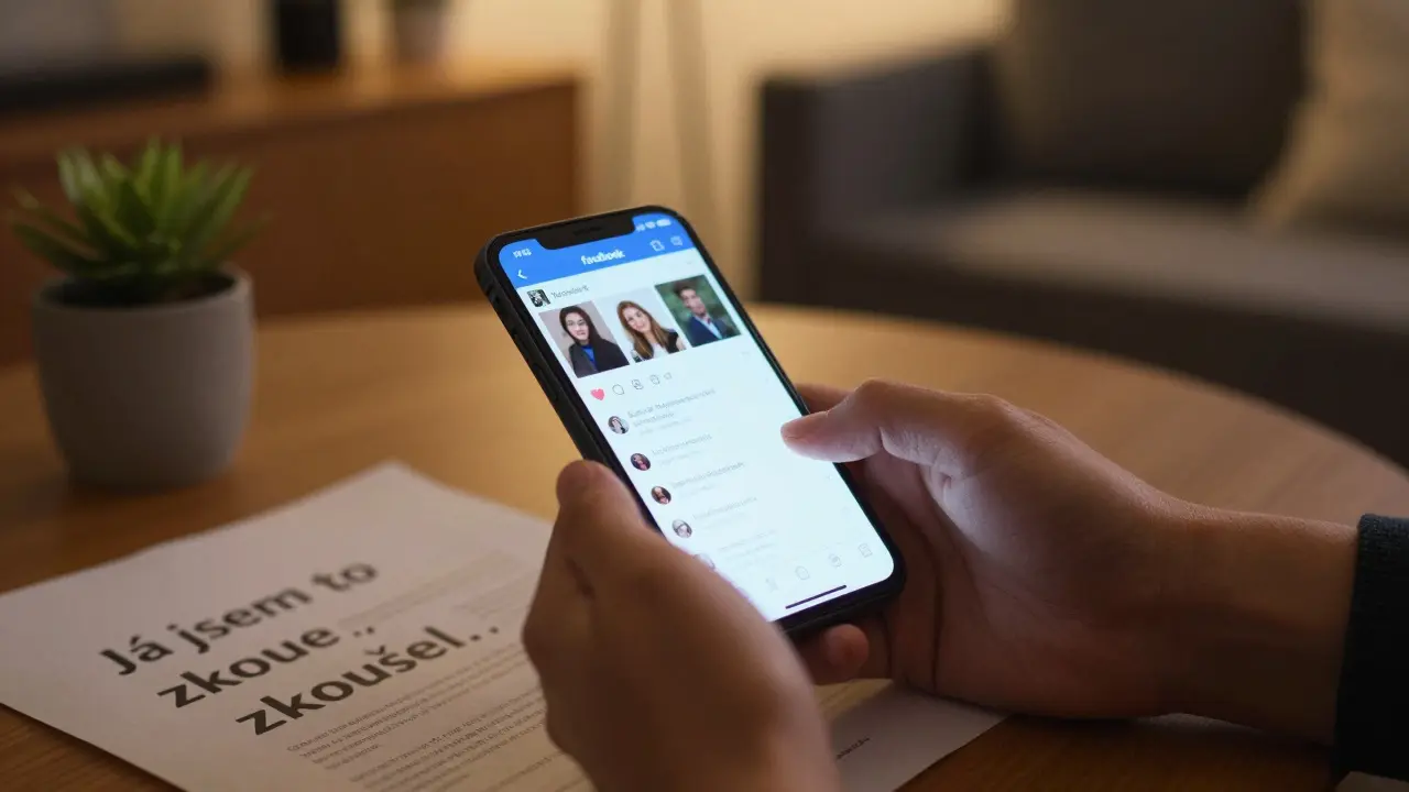 Ruka píše na mobilu ve večerní atmosféře, na obrazovce Facebooku viditelné reakce, na stole papír s rukou psaným textem.