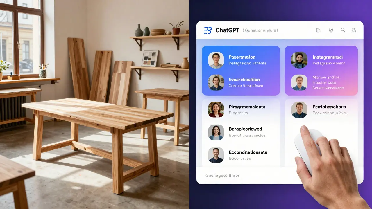 Small Czech woodworking shop with digital interface showing personalized ad variants.