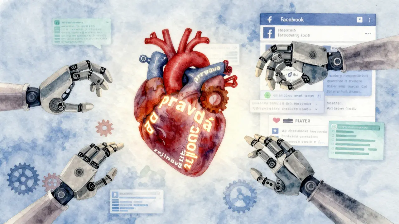 Srdce složené z textových fragmentů nad Facebookovým feedem, robotické ruce se snaží dosáhnout, ale nesahají — symbol lidské pravdy proti umělé inteligenci.