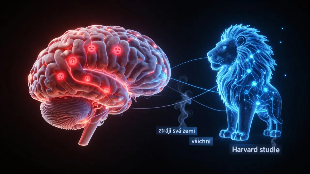 Transparentní lidský mozek spojený s AI rozhraním, kde emoce a logika kontrastují.