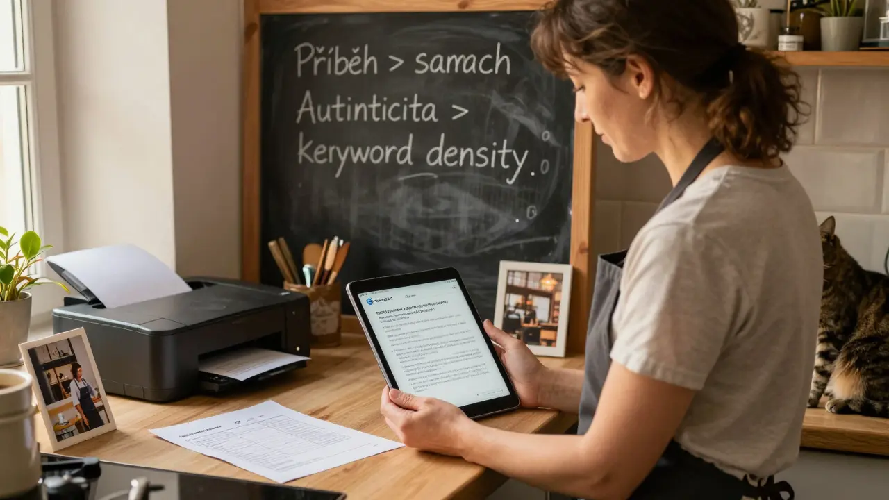 Vlastník malého podniku v kuchyni sleduje AI odpověď, zatímco na zdi vidí poznámky o autentičnosti.