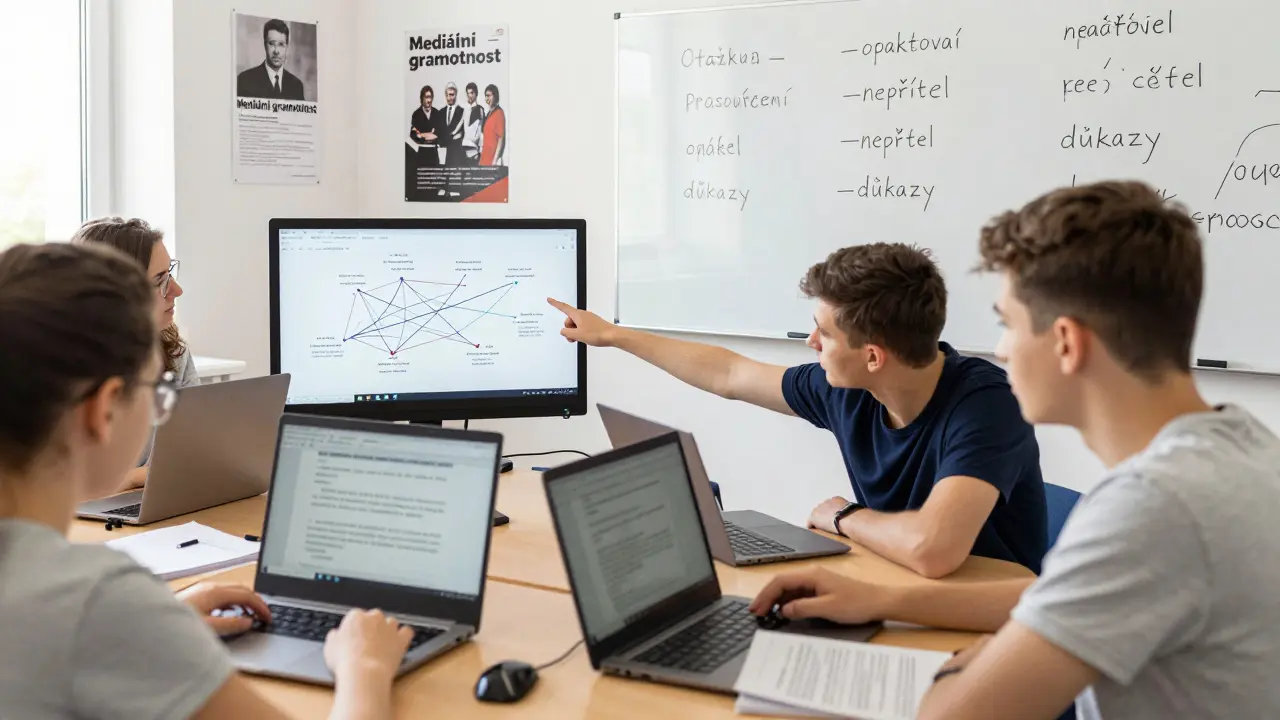 Žáci ve české třídě analyzují propagandistické texty pomocí počítačů a AI nástrojů.