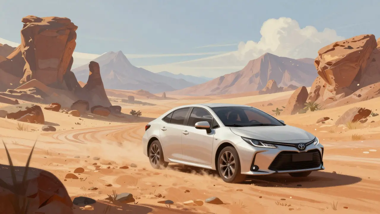 A Toyota car blends naturally into a desert landscape in a video game, no overt advertising visible.