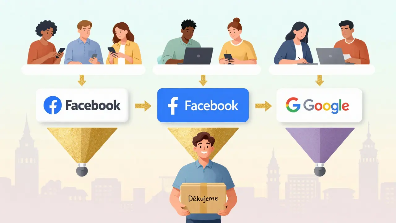 Digitální marketingový funel s zákazníky, reklamami a doručeným balíkem s českým motivem.