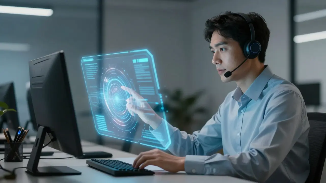 Klienti spolupracují s holografickým AI asistentem v moderním servisním prostředí.