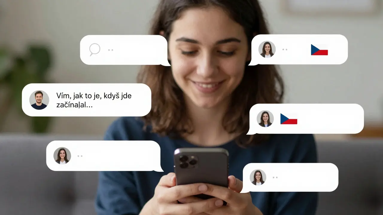 Osoba odpovídá na komentáře na telefonu, AI-generated odpovědi jsou upraveny lidským přístupem s osobním příběhem.