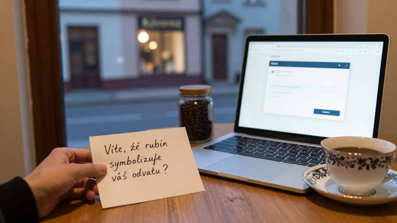 Personalizovaný e-mail s kávovou tematikou leží vedle čajové šálky a kávových zrn v českém prostředí.