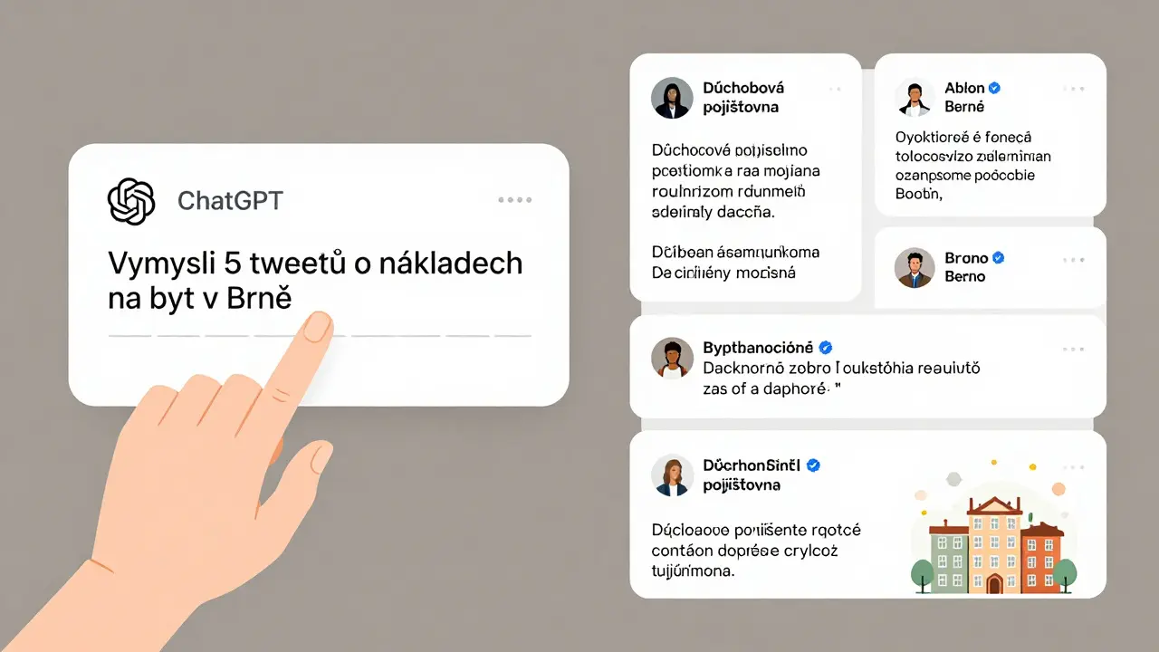 Rozdělený obraz: vlevo zadávání dotazu do ChatGPT, vpravo pět českých variant tweetů o nákladech na bydlení.