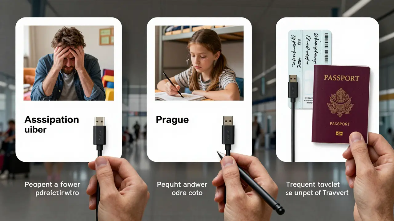 Tři verze stejné recenze USB kabelu přizpůsobené různým skupinám: otec, student a cestovatel, každá s unikátními osobními detaily.