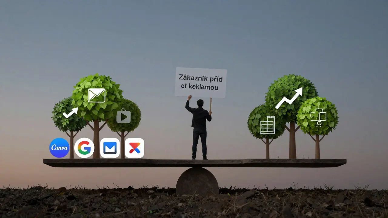 Váha s digitálními nástroji na jedné straně a růstovými stromy na druhé, symbolizující trvalý růst.